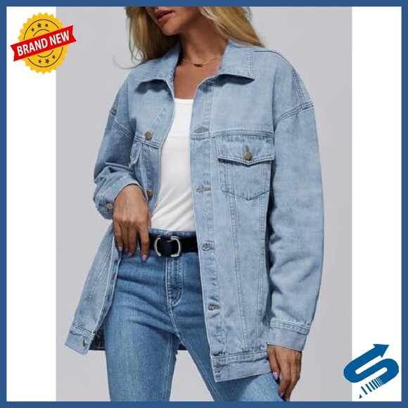 Oversized Denim Jacket Boyfriend Fit Chest Pockets Distressed Details - Picture 3 of 6